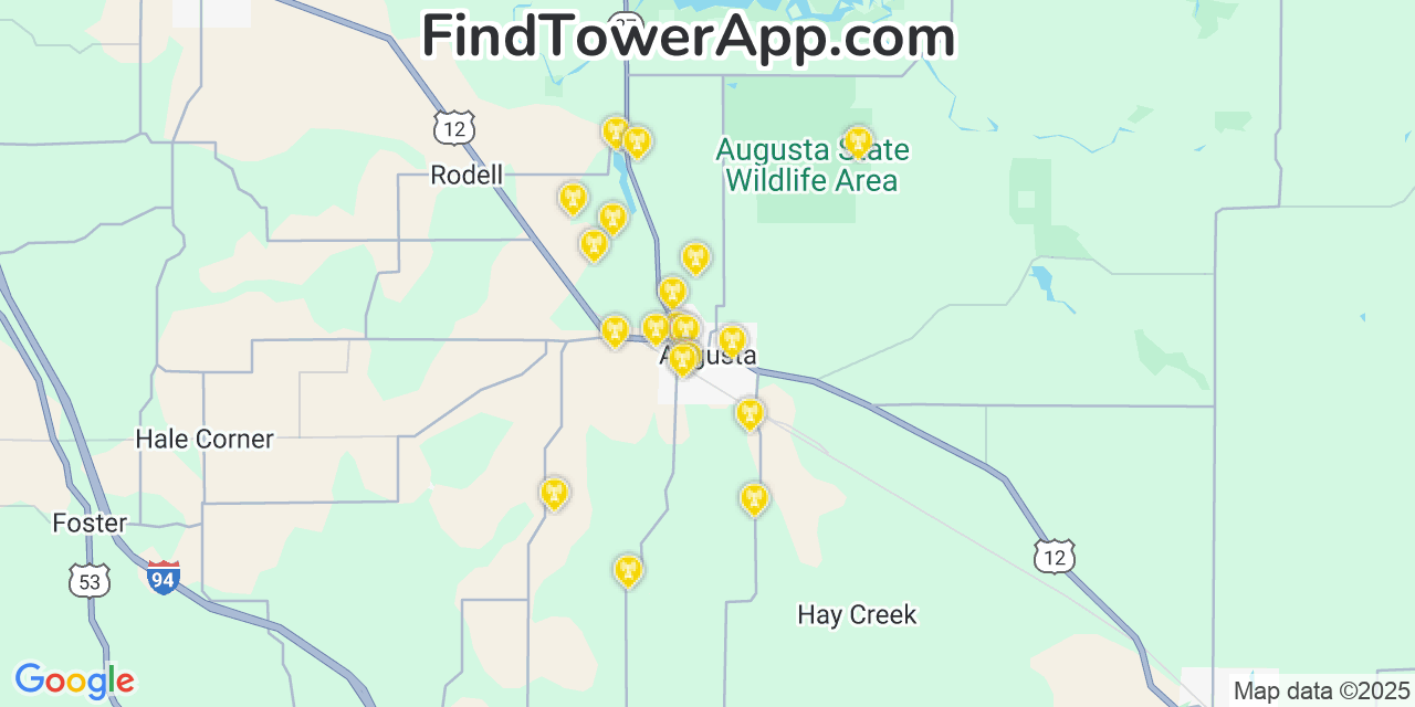 Map showing the 20 primary cell tower locations detected in Augusta, Wisconsin from AT&T, Verizon, and T-Mobile networks