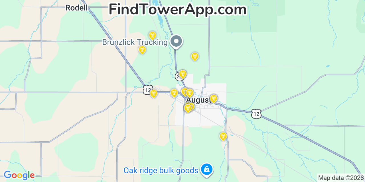 Map showing the 20 primary cell tower locations detected in Augusta, Wisconsin from AT&T, Verizon, and T-Mobile networks