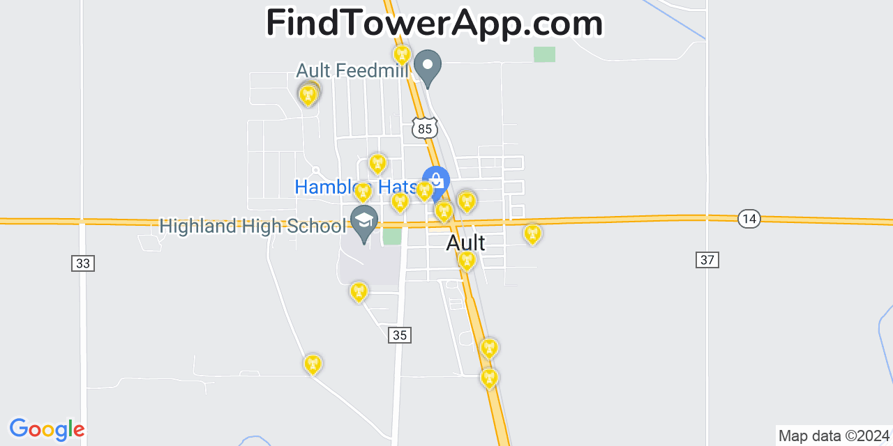 AT&T 4G/5G cell tower coverage map Ault, Colorado