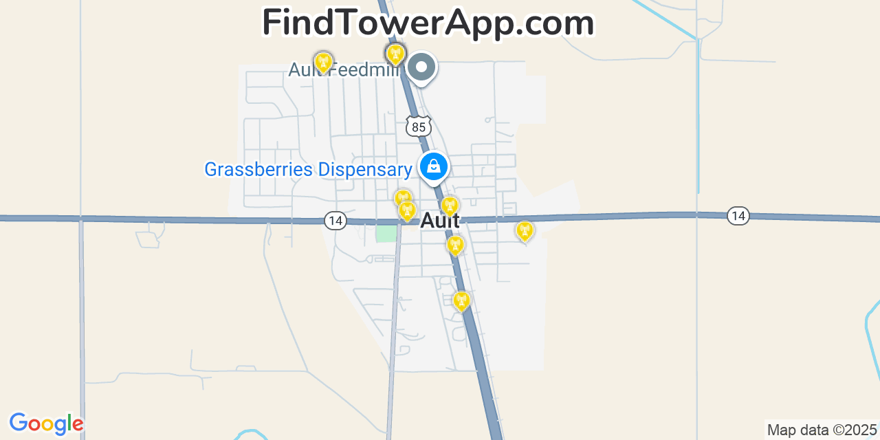 Map showing the 20 primary cell tower locations detected in Ault, Colorado from AT&T, Verizon, and T-Mobile networks