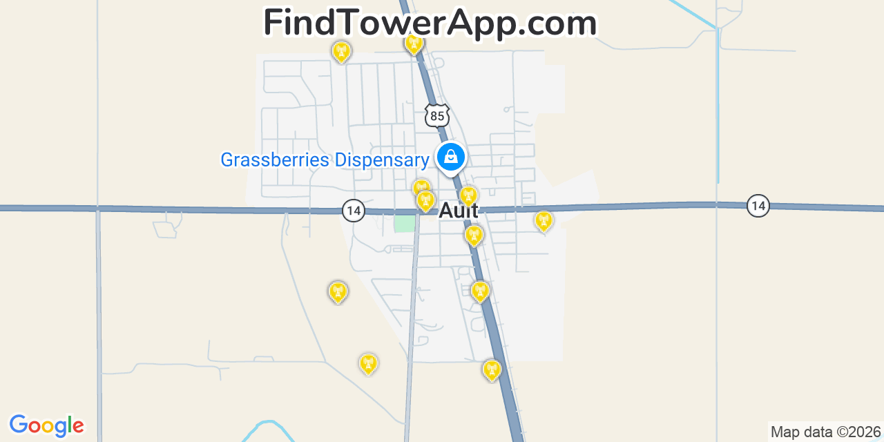 Map showing the 20 primary cell tower locations detected in Ault, Colorado from AT&T, Verizon, and T-Mobile networks