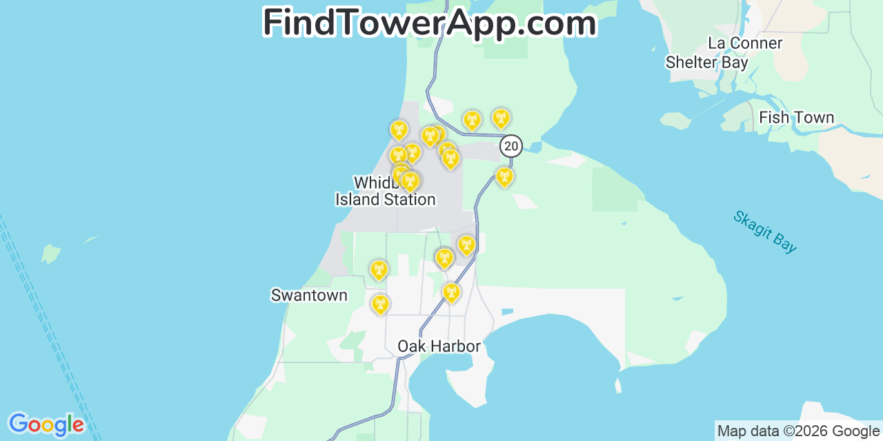 Map showing the 20 primary cell tower locations detected in Ault Field, Washington from AT&T, Verizon, and T-Mobile networks