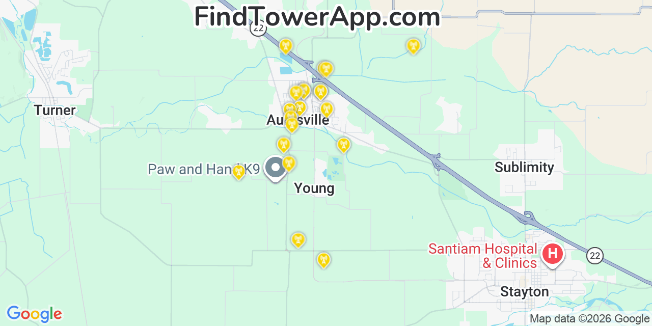 Map showing the 20 primary cell tower locations detected in Aumsville, Oregon from AT&T, Verizon, and T-Mobile networks