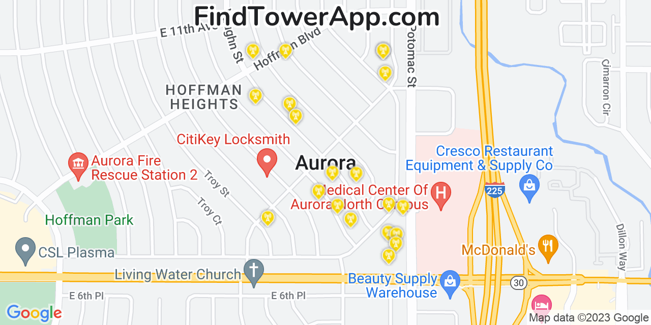 AT&T 4G/5G cell tower coverage map Aurora, Colorado