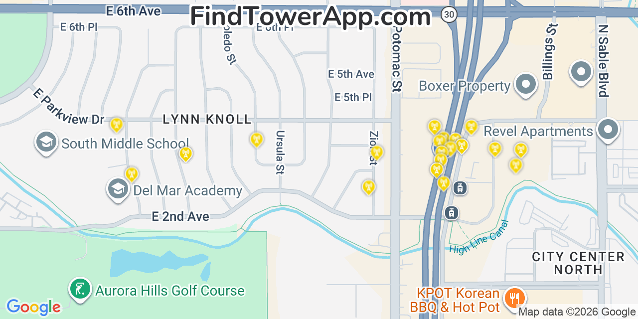 Map showing the 20 primary cell tower locations detected in Aurora, Colorado from AT&T, Verizon, and T-Mobile networks
