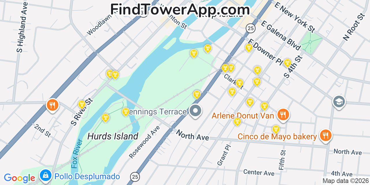 Map showing the 20 primary cell tower locations detected in Aurora, Illinois from AT&T, Verizon, and T-Mobile networks