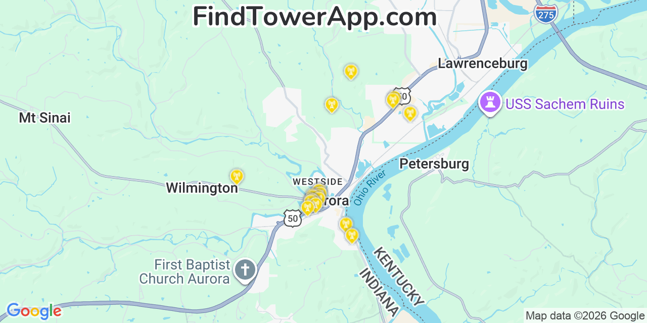 Map showing the 20 primary cell tower locations detected in Aurora, Indiana from AT&T, Verizon, and T-Mobile networks