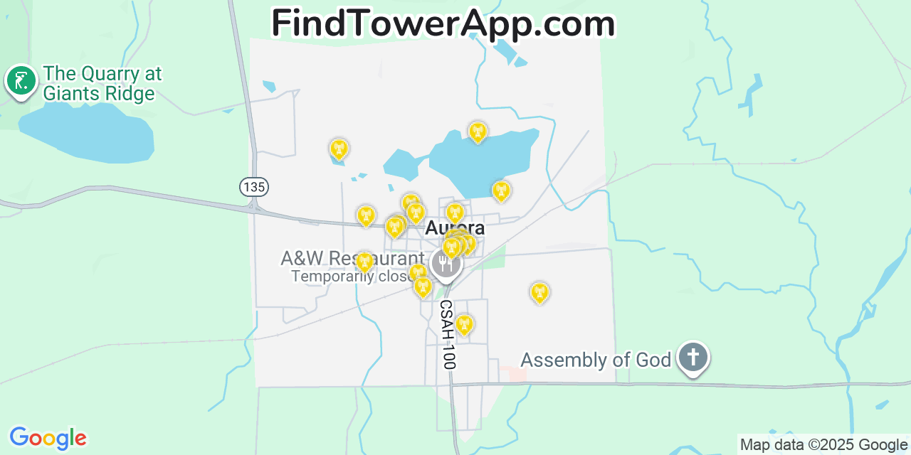 Map showing the 20 primary cell tower locations detected in Aurora, Minnesota from AT&T, Verizon, and T-Mobile networks