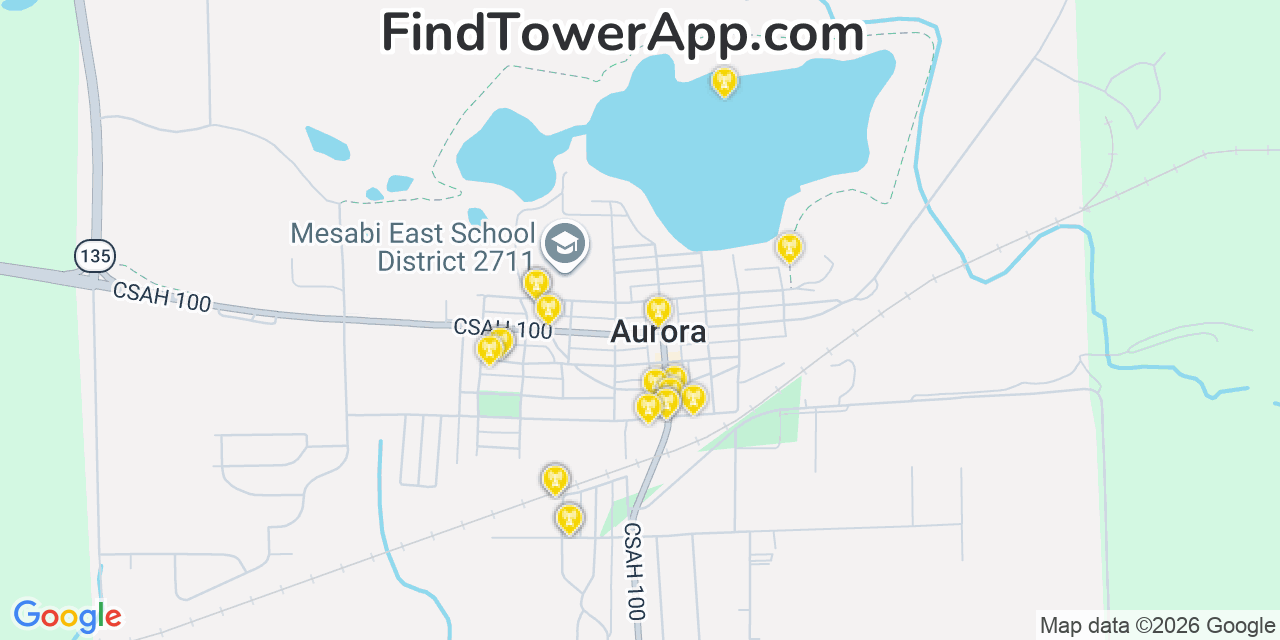 Map showing the 20 primary cell tower locations detected in Aurora, Minnesota from AT&T, Verizon, and T-Mobile networks