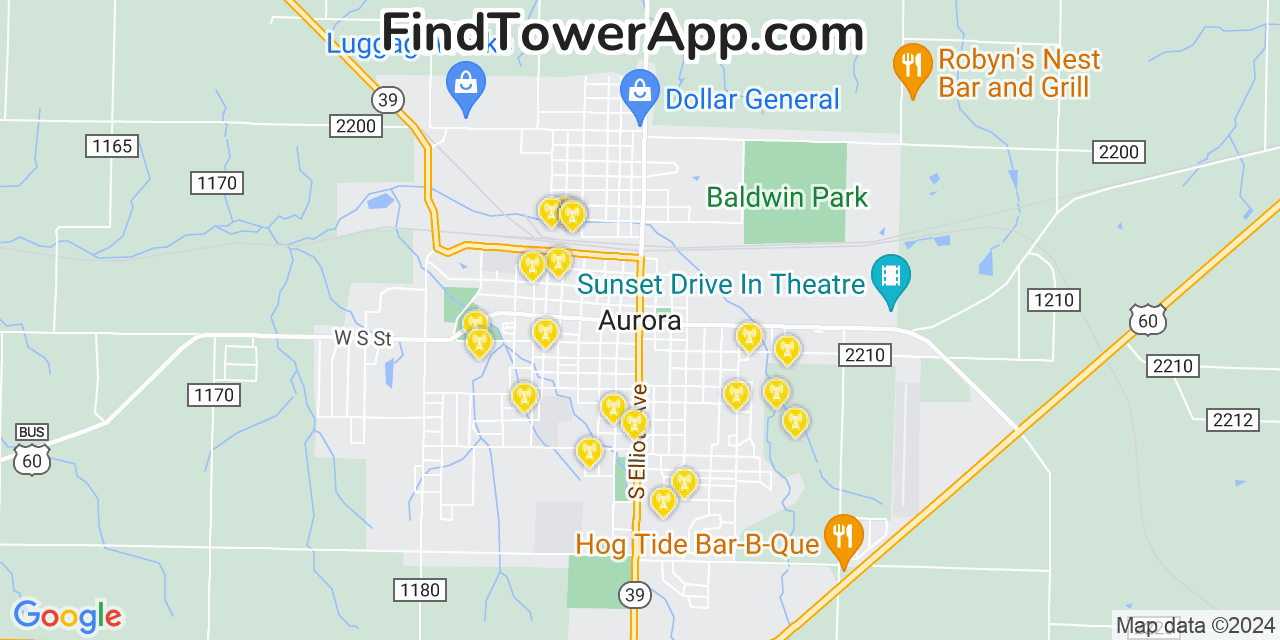 AT&T 4G/5G cell tower coverage map Aurora, Missouri