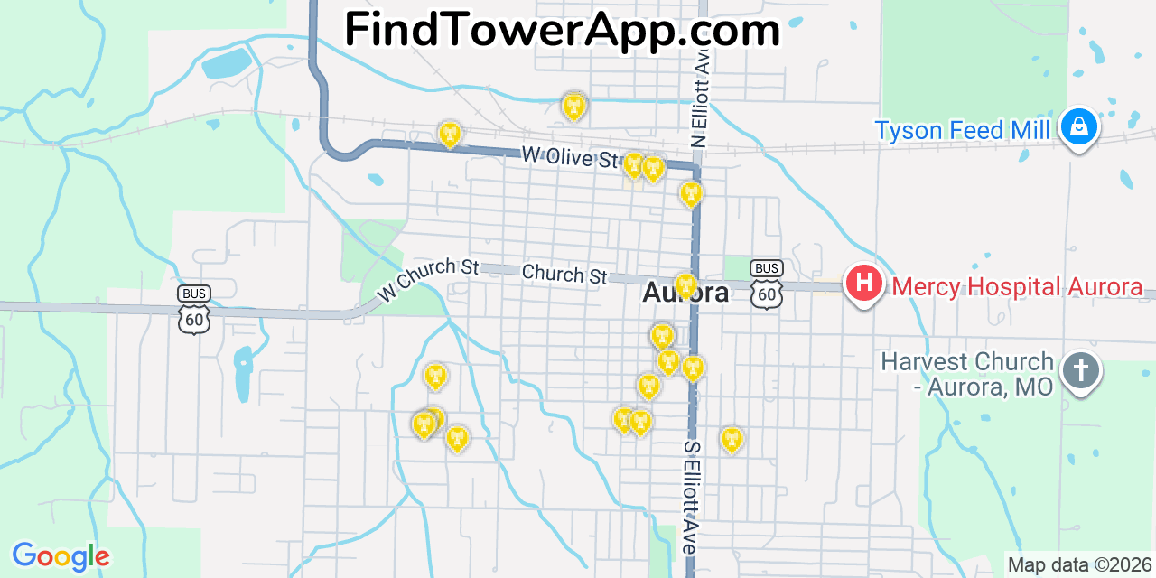 Map showing the 20 primary cell tower locations detected in Aurora, Missouri from AT&T, Verizon, and T-Mobile networks