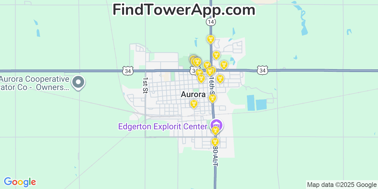 Map showing the 20 primary cell tower locations detected in Aurora, Nebraska from AT&T, Verizon, and T-Mobile networks