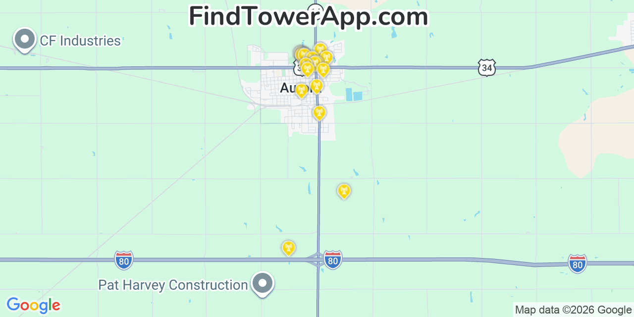Map showing the 20 primary cell tower locations detected in Aurora, Nebraska from AT&T, Verizon, and T-Mobile networks