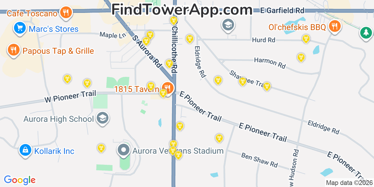 Map showing the 20 primary cell tower locations detected in Aurora, Ohio from AT&T, Verizon, and T-Mobile networks