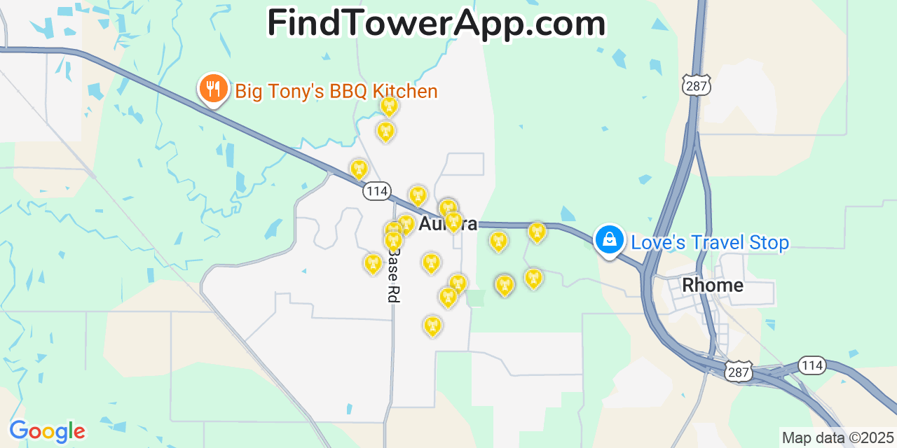 Map showing the 20 primary cell tower locations detected in Aurora, Texas from AT&T, Verizon, and T-Mobile networks