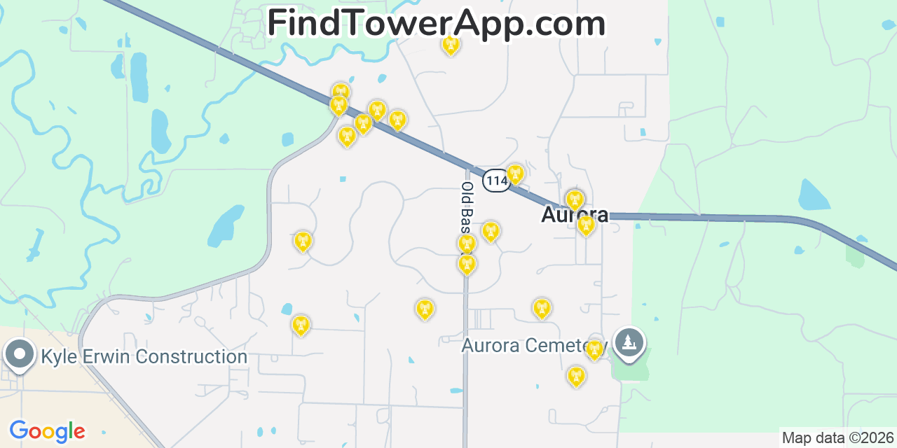 Map showing the 20 primary cell tower locations detected in Aurora, Texas from AT&T, Verizon, and T-Mobile networks