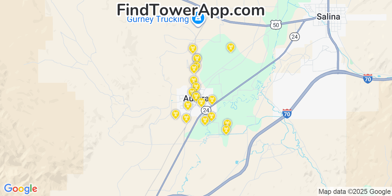 Map showing the 20 primary cell tower locations detected in Aurora, Utah from AT&T, Verizon, and T-Mobile networks