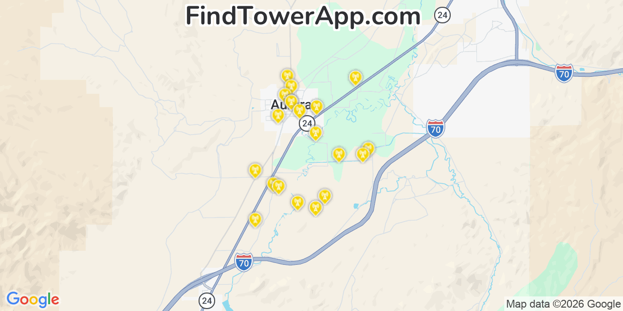Map showing the 20 primary cell tower locations detected in Aurora, Utah from AT&T, Verizon, and T-Mobile networks