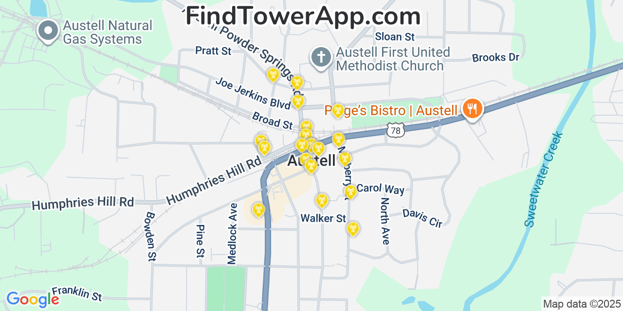 Map showing the 20 primary cell tower locations detected in Austell, Georgia from AT&T, Verizon, and T-Mobile networks