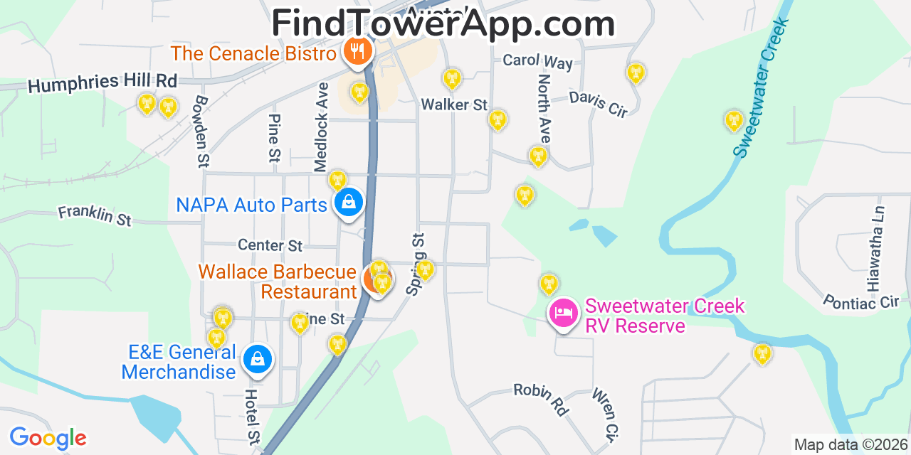 Map showing the 20 primary cell tower locations detected in Austell, Georgia from AT&T, Verizon, and T-Mobile networks