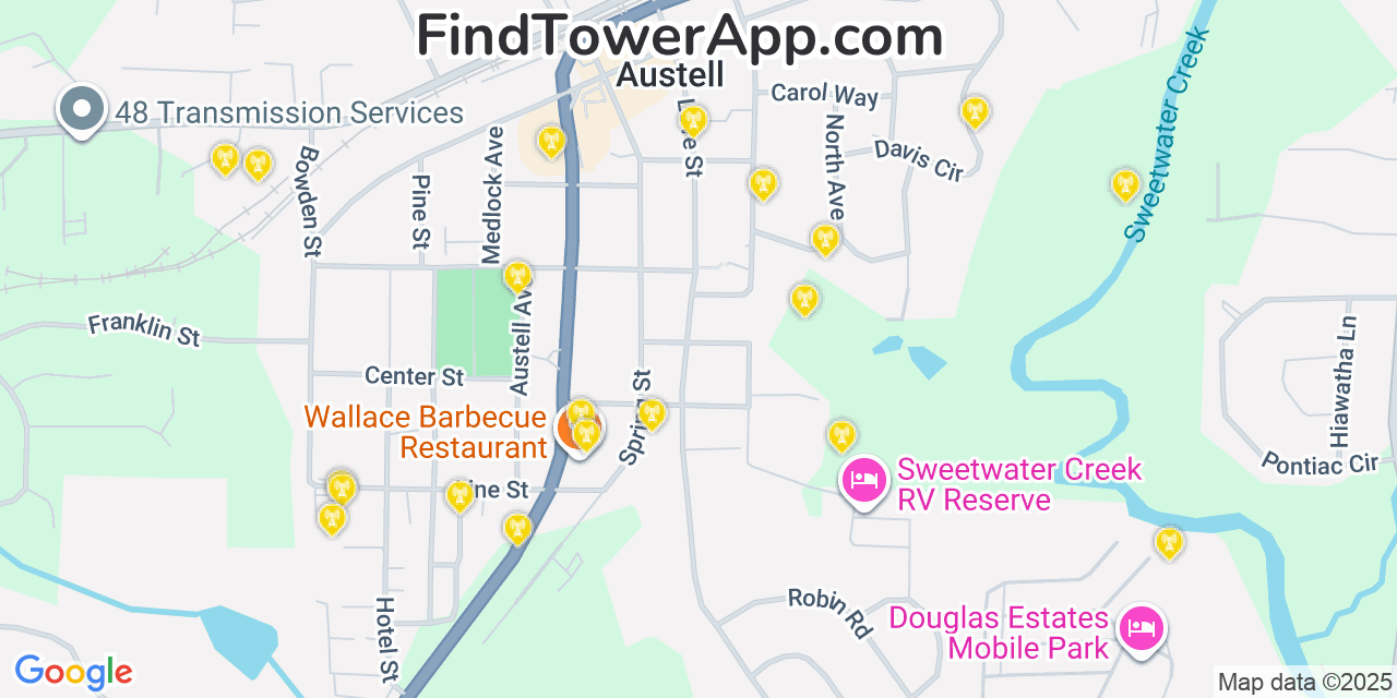 Map showing the 20 primary Mobitel cell tower locations detected in Austell, Georgia with coverage radius and signal strength indicators