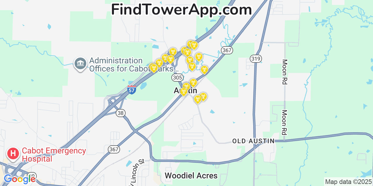 Map showing the 20 primary cell tower locations detected in Austin, Arkansas from AT&T, Verizon, and T-Mobile networks