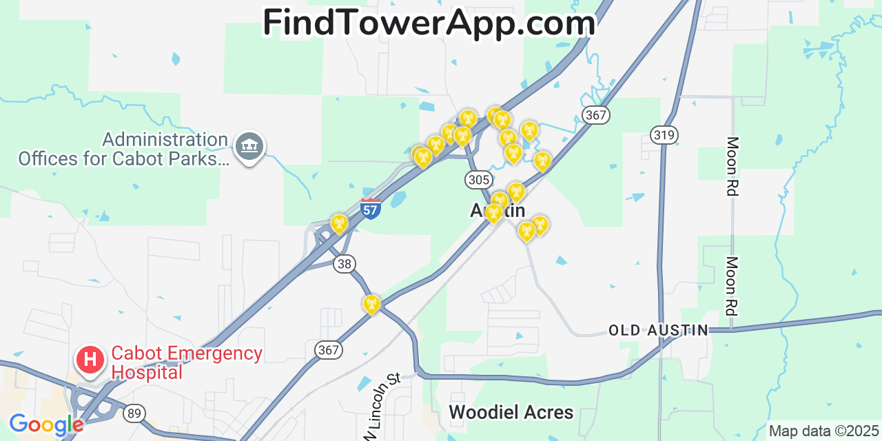Map showing the 20 primary cell tower locations detected in Austin, Arkansas from AT&T, Verizon, and T-Mobile networks