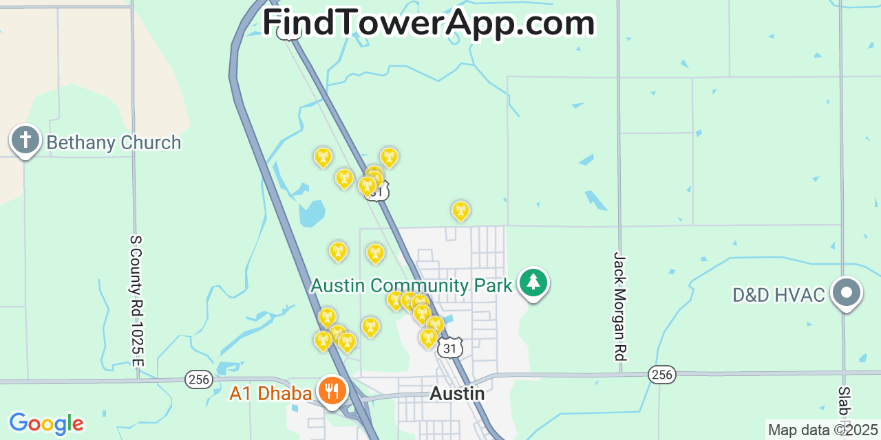 Map showing the 20 primary cell tower locations detected in Austin, Indiana from AT&T, Verizon, and T-Mobile networks