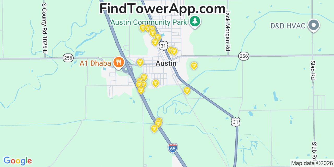 Map showing the 20 primary cell tower locations detected in Austin, Indiana from AT&T, Verizon, and T-Mobile networks