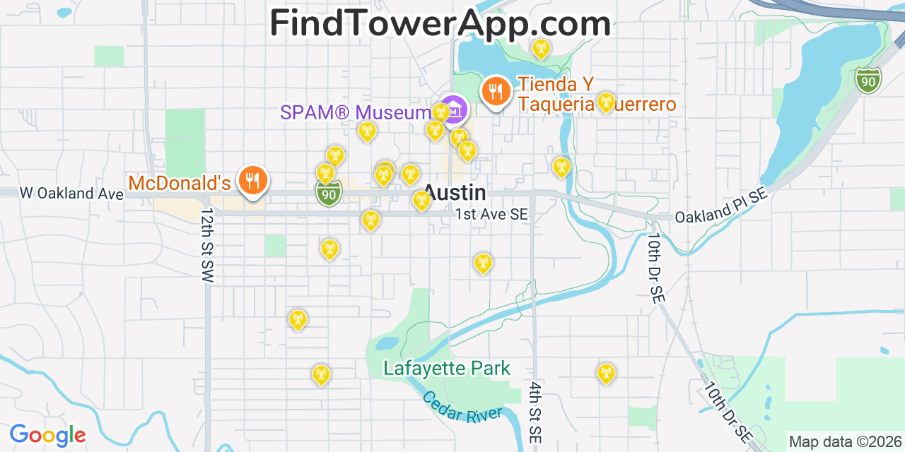 Map showing the 20 primary cell tower locations detected in Austin, Minnesota from AT&T, Verizon, and T-Mobile networks