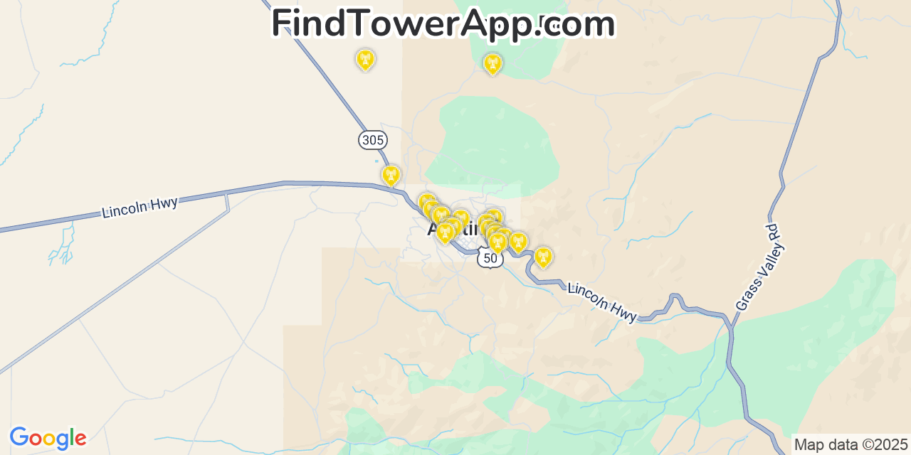 Map showing the 20 primary AT&T cell tower locations detected in Austin, Nevada with coverage radius and signal strength indicators