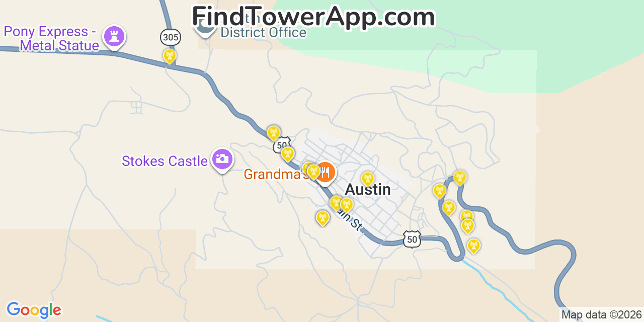 Map showing the 20 primary cell tower locations detected in Austin, Nevada from AT&T, Verizon, and T-Mobile networks