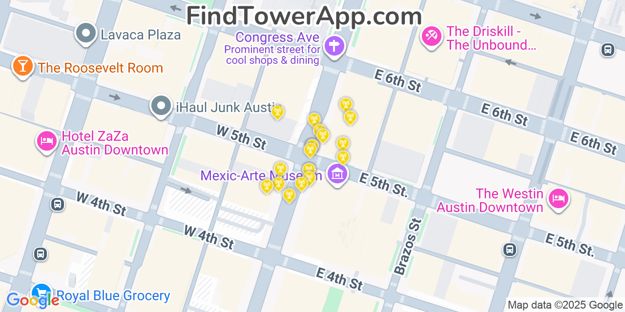 Map showing the 20 primary cell tower locations detected in Austin, Texas from AT&T, Verizon, and T-Mobile networks