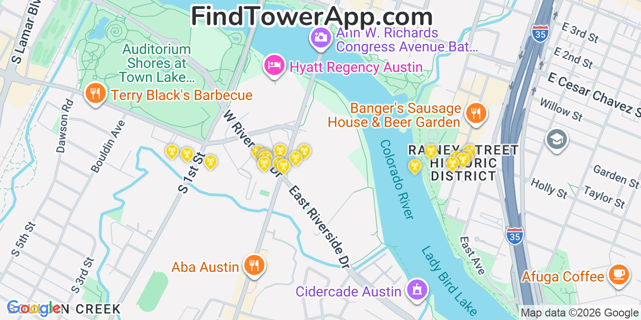 Map showing the 20 primary cell tower locations detected in Austin, Texas from AT&T, Verizon, and T-Mobile networks