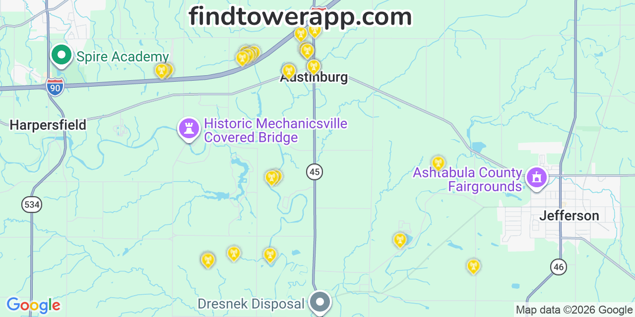 Map showing the 26 primary AT&T cell tower locations detected in Austinburg, Ohio with coverage radius and signal strength indicators