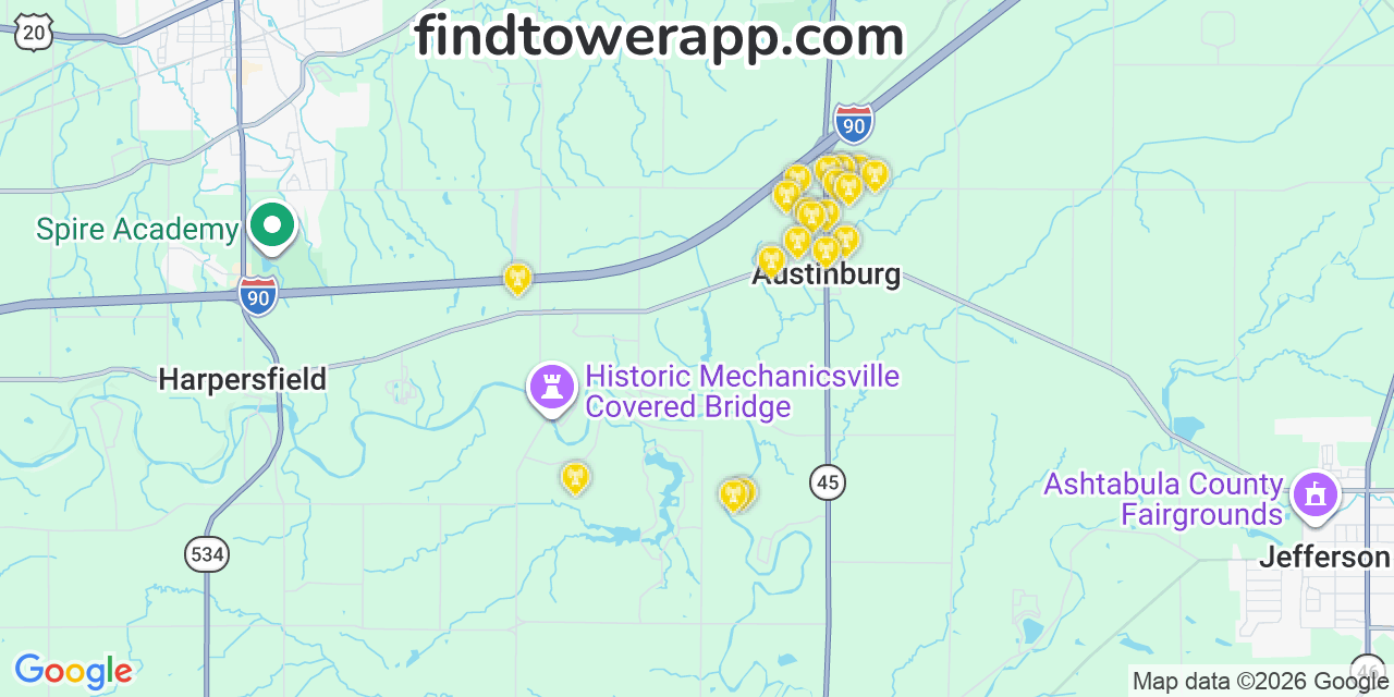 Map showing the 20 primary cell tower locations detected in Austinburg, Ohio from AT&T, Verizon, and T-Mobile networks