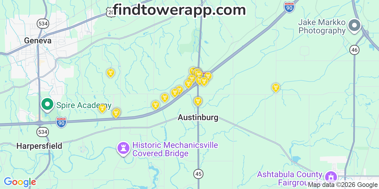 Map showing the 21 primary T-Mobile cell tower locations detected in Austinburg, Ohio with coverage radius and signal strength indicators