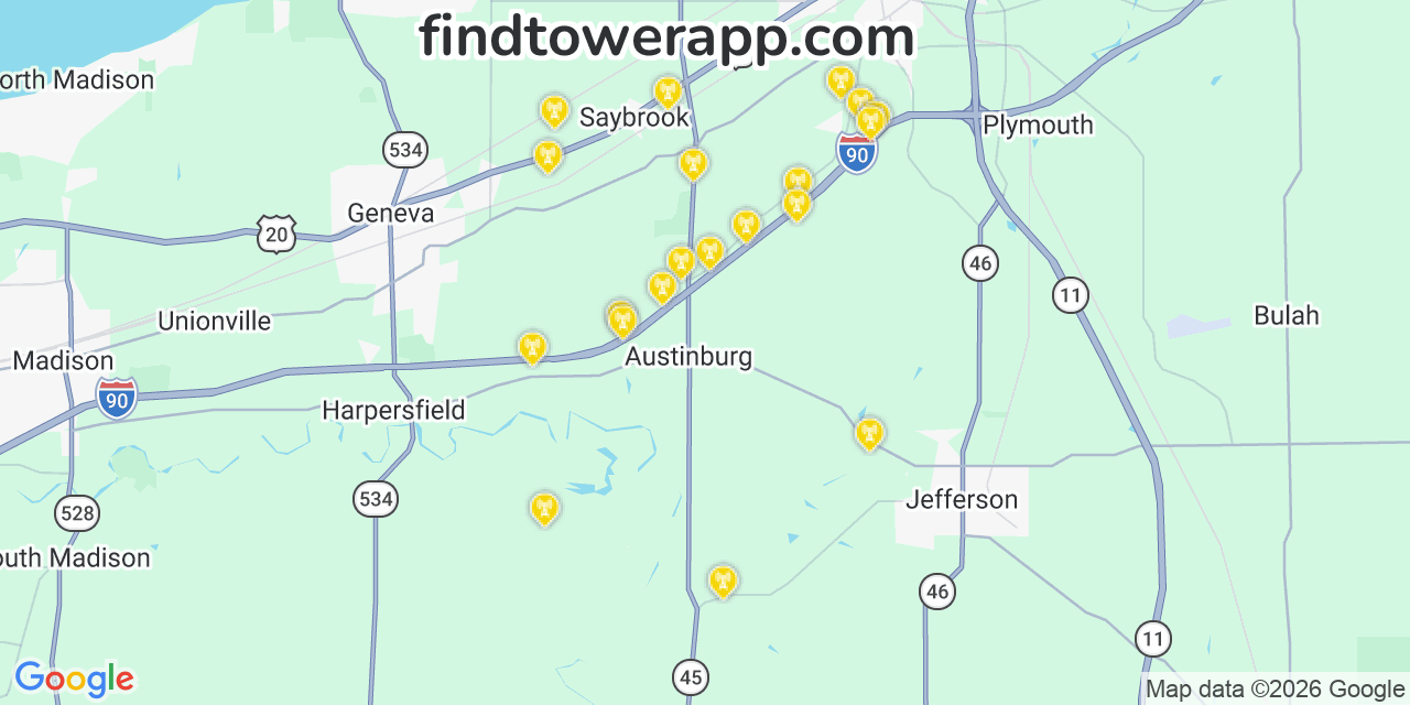 Map showing the 20 primary Verizon cell tower locations detected in Austinburg, Ohio with coverage radius and signal strength indicators