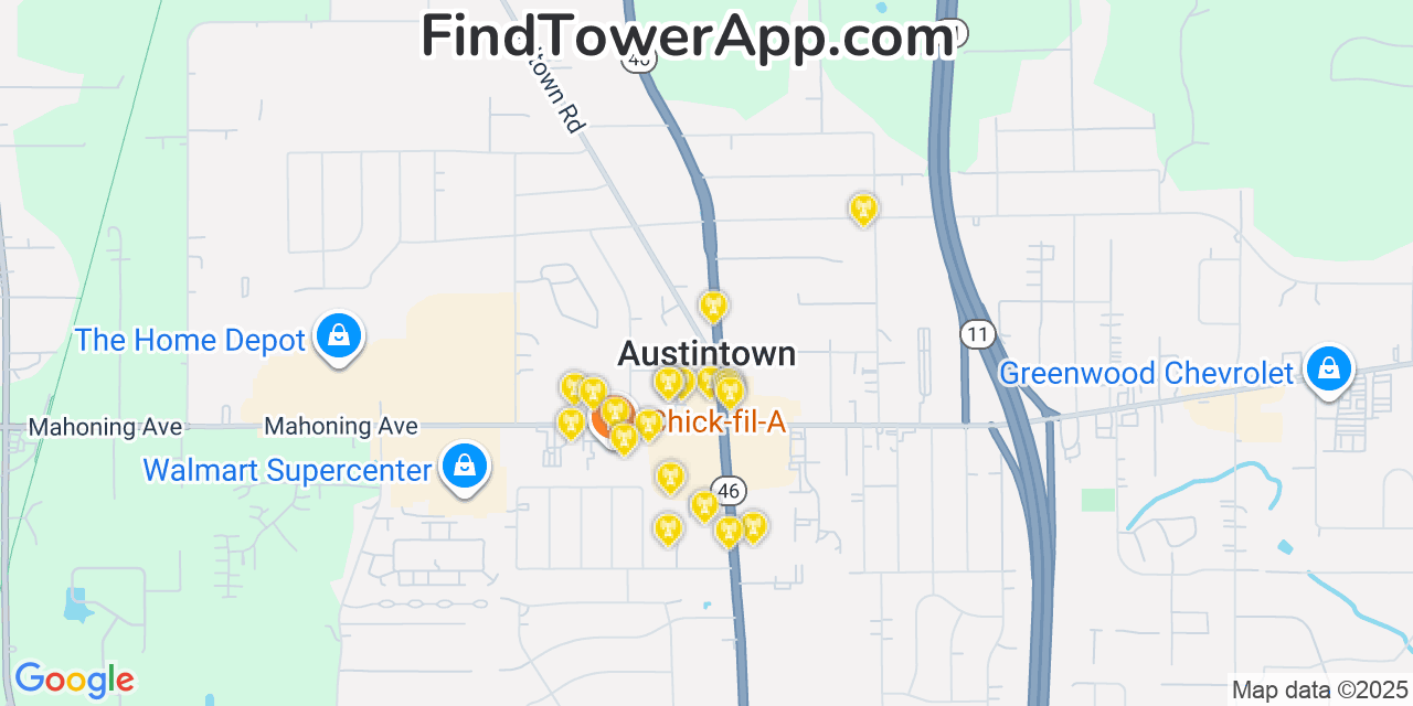 Map showing the 20 primary cell tower locations detected in Austintown, Ohio from AT&T, Verizon, and T-Mobile networks
