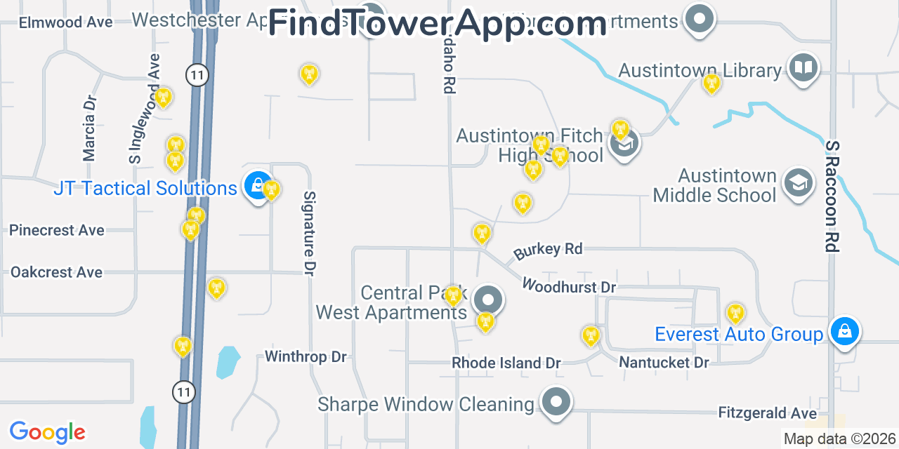 Map showing the 20 primary cell tower locations detected in Austintown, Ohio from AT&T, Verizon, and T-Mobile networks