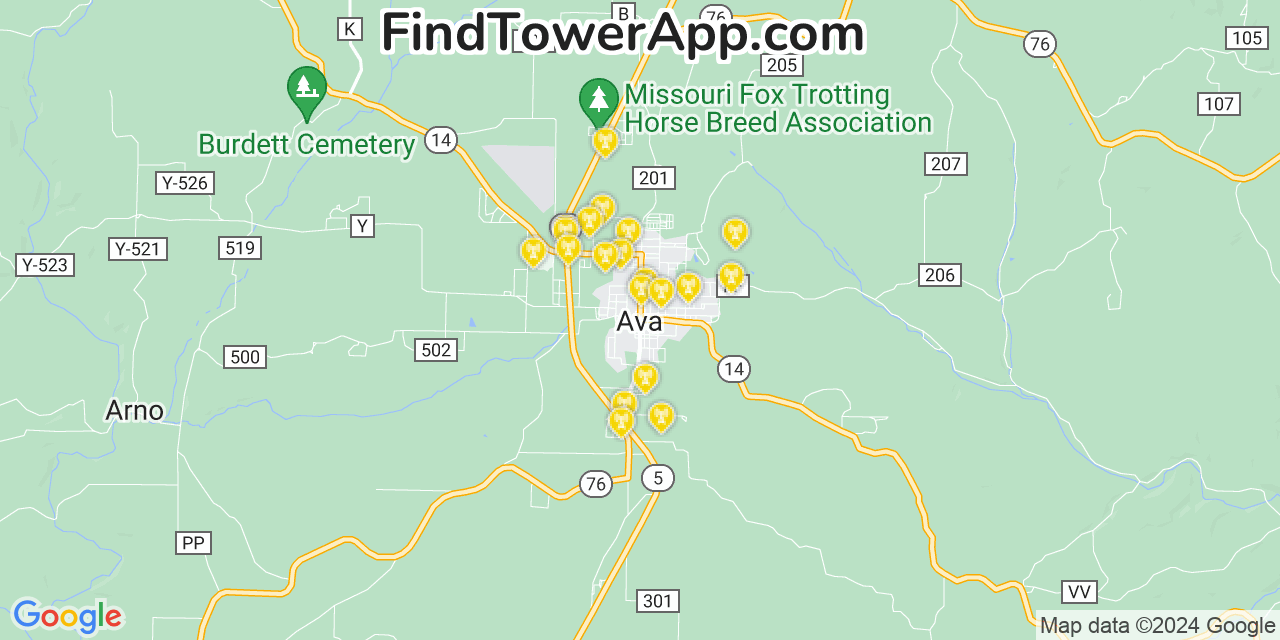 AT&T 4G/5G cell tower coverage map Ava, Missouri