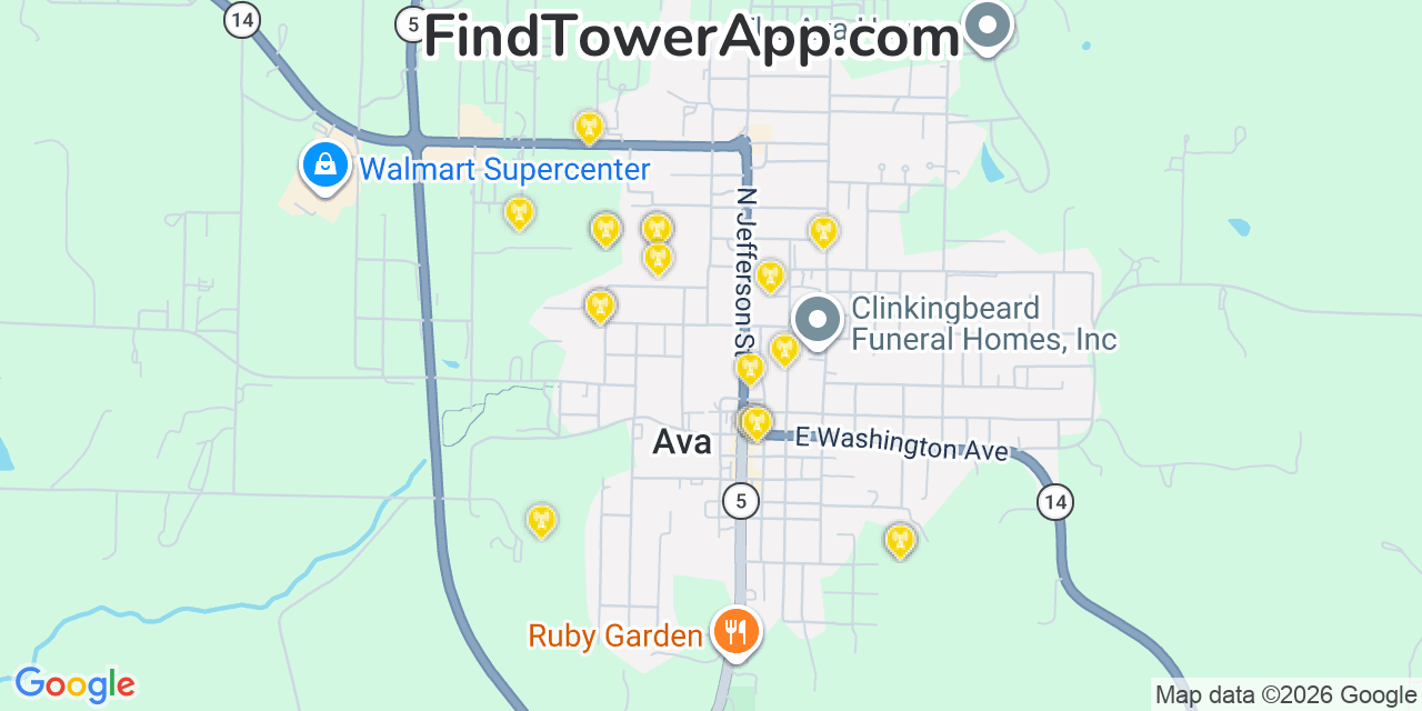 Map showing the 20 primary cell tower locations detected in Ava, Missouri from AT&T, Verizon, and T-Mobile networks