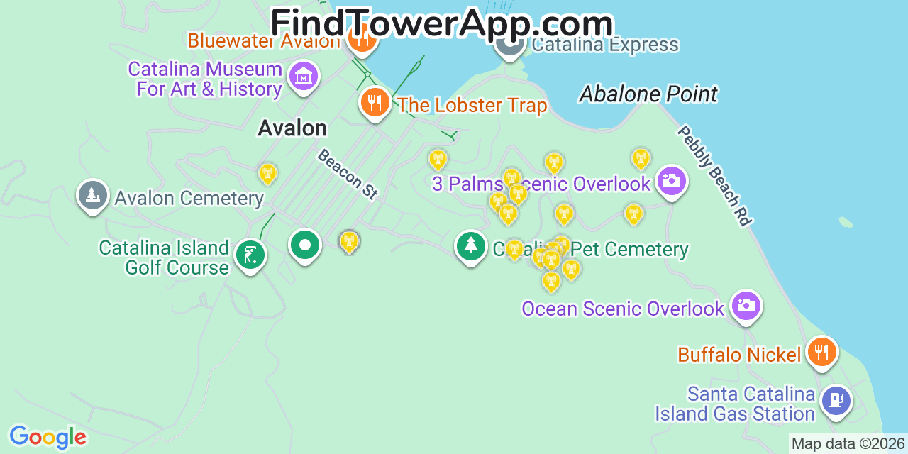 Map showing the 20 primary cell tower locations detected in Avalon, California from AT&T, Verizon, and T-Mobile networks