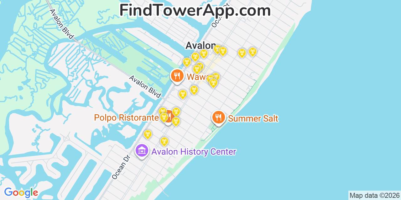 Map showing the 20 primary cell tower locations detected in Avalon, New Jersey from AT&T, Verizon, and T-Mobile networks