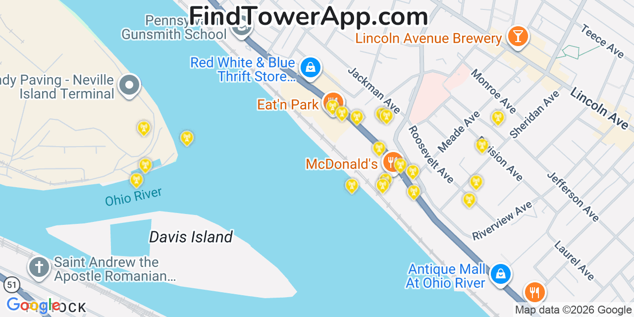 Map showing the 20 primary cell tower locations detected in Avalon, Pennsylvania from AT&T, Verizon, and T-Mobile networks