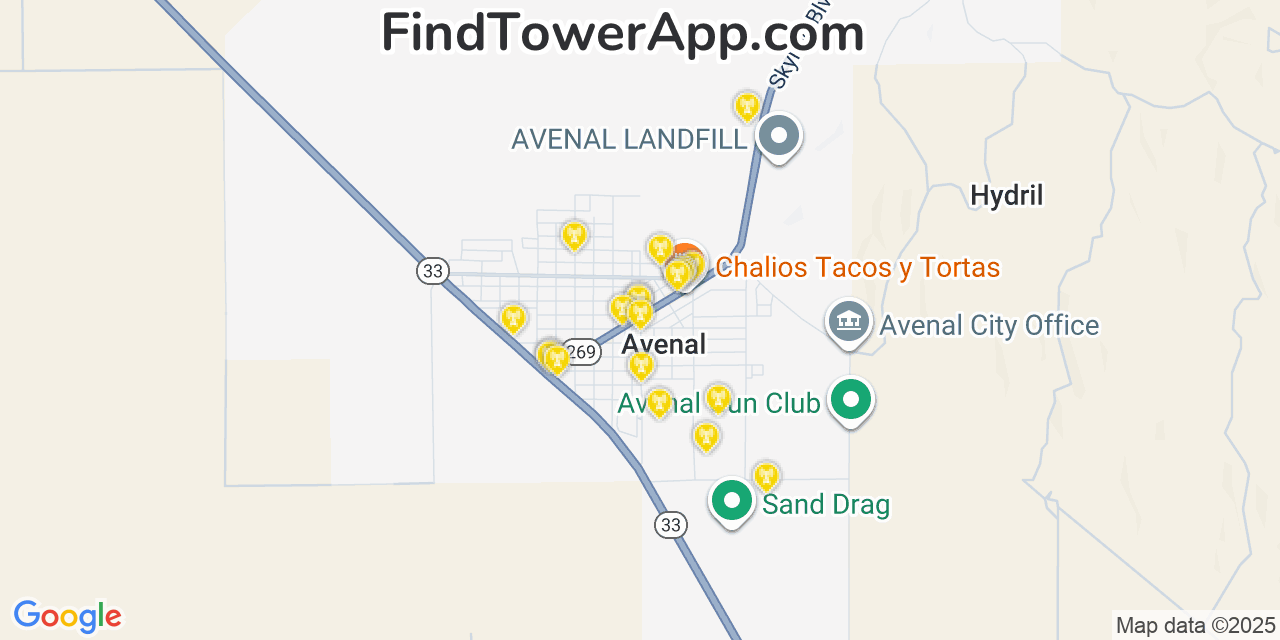 Map showing the 20 primary cell tower locations detected in Avenal, California from AT&T, Verizon, and T-Mobile networks