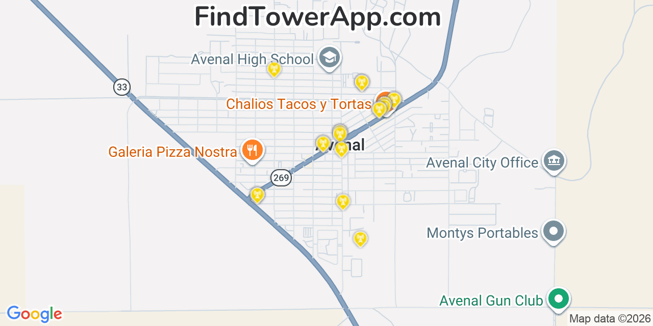 Map showing the 20 primary cell tower locations detected in Avenal, California from AT&T, Verizon, and T-Mobile networks