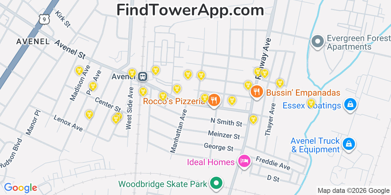 Map showing the 20 primary cell tower locations detected in Avenel, New Jersey from AT&T, Verizon, and T-Mobile networks