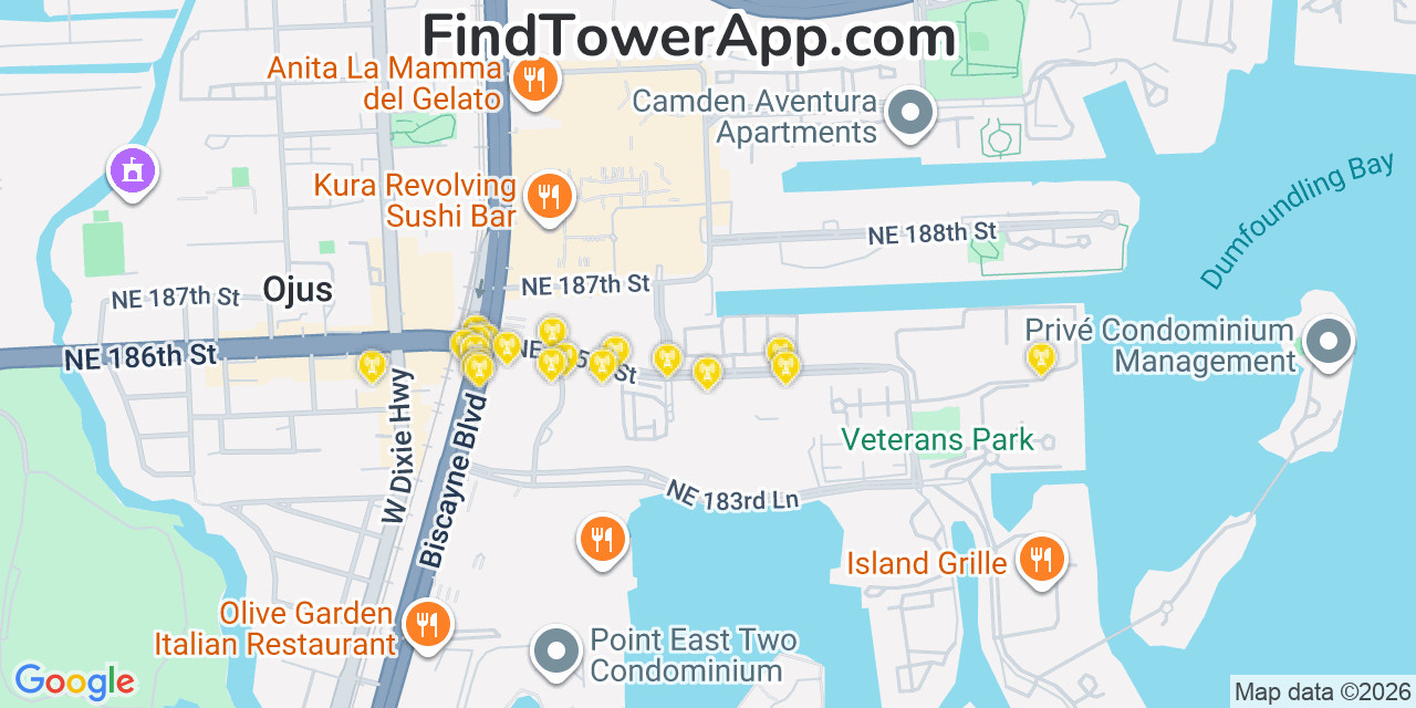 Map showing the 20 primary cell tower locations detected in Aventura, Florida from AT&T, Verizon, and T-Mobile networks