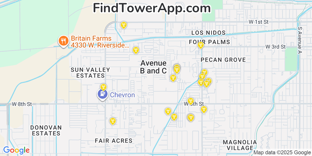 Map showing the 20 primary AT&T cell tower locations detected in Avenue B And C, Arizona with coverage radius and signal strength indicators